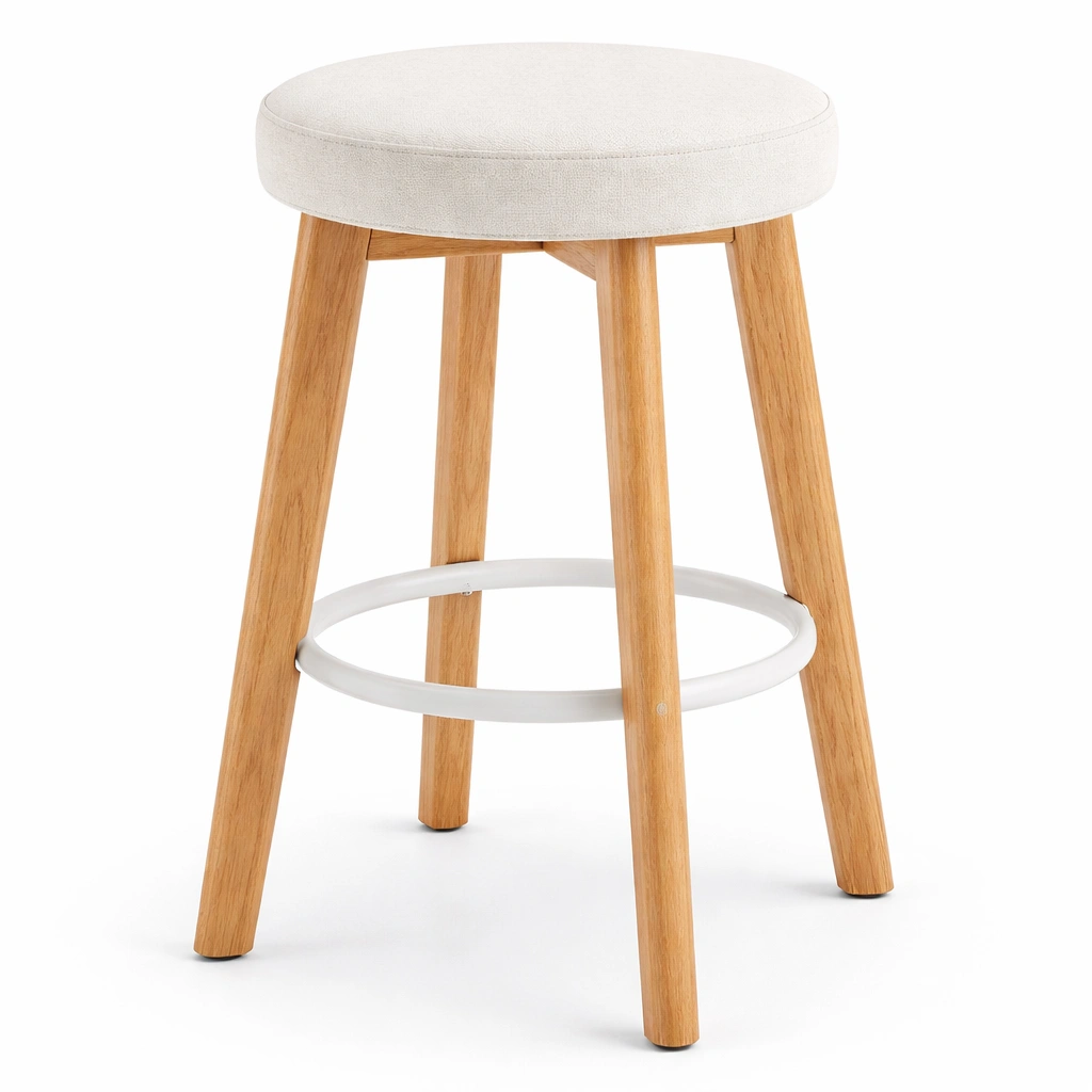 Taburete de madera con asiento acolchado y aro inferior de soporte-cozanoe